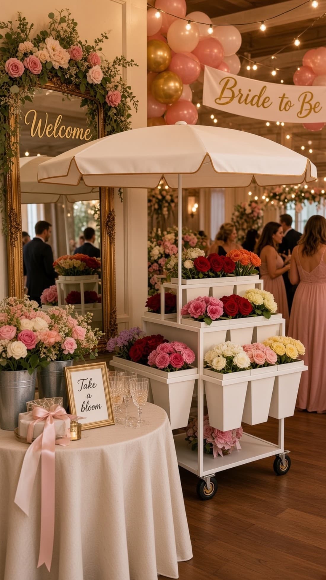 The Bloom Cart — a white flower cart under a canopy, stacked with buckets of roses beside a “take a bloom” sign at an event